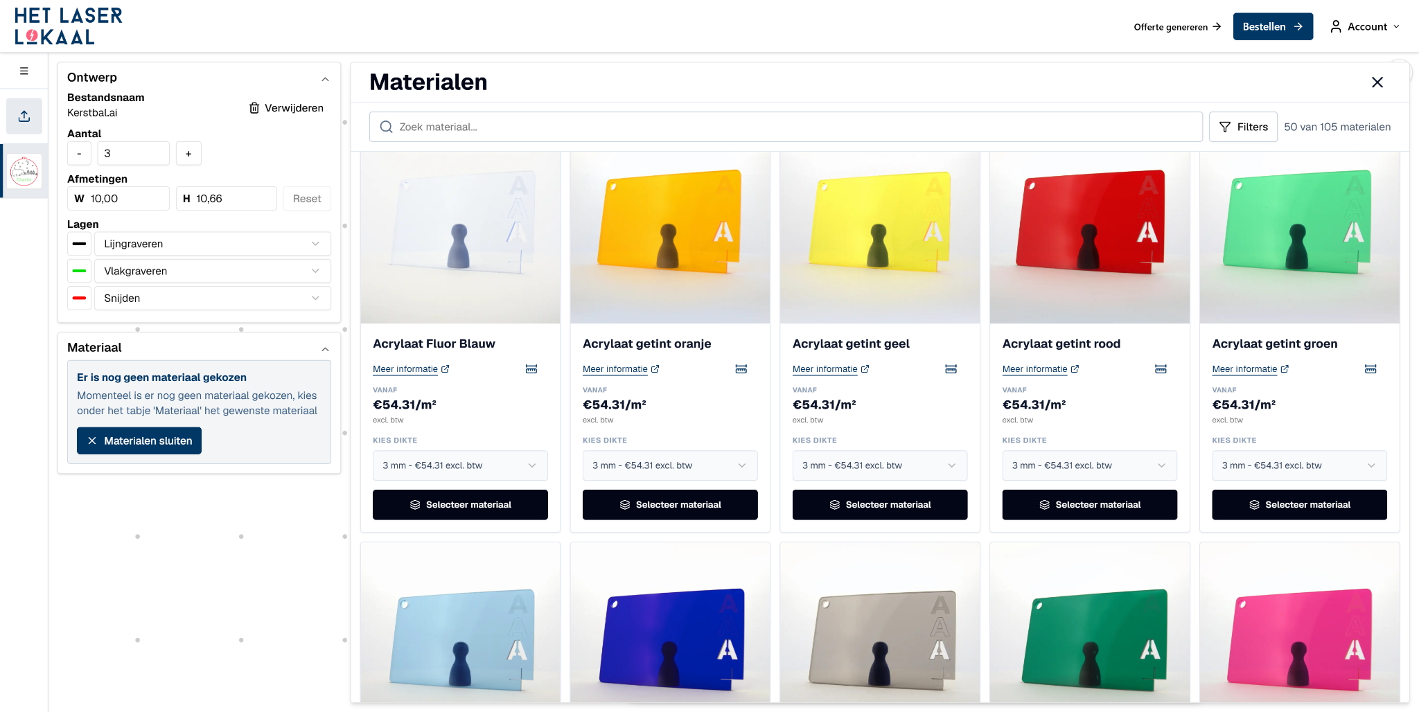 Materiaalkiezer met beschikbare materialen en diktes