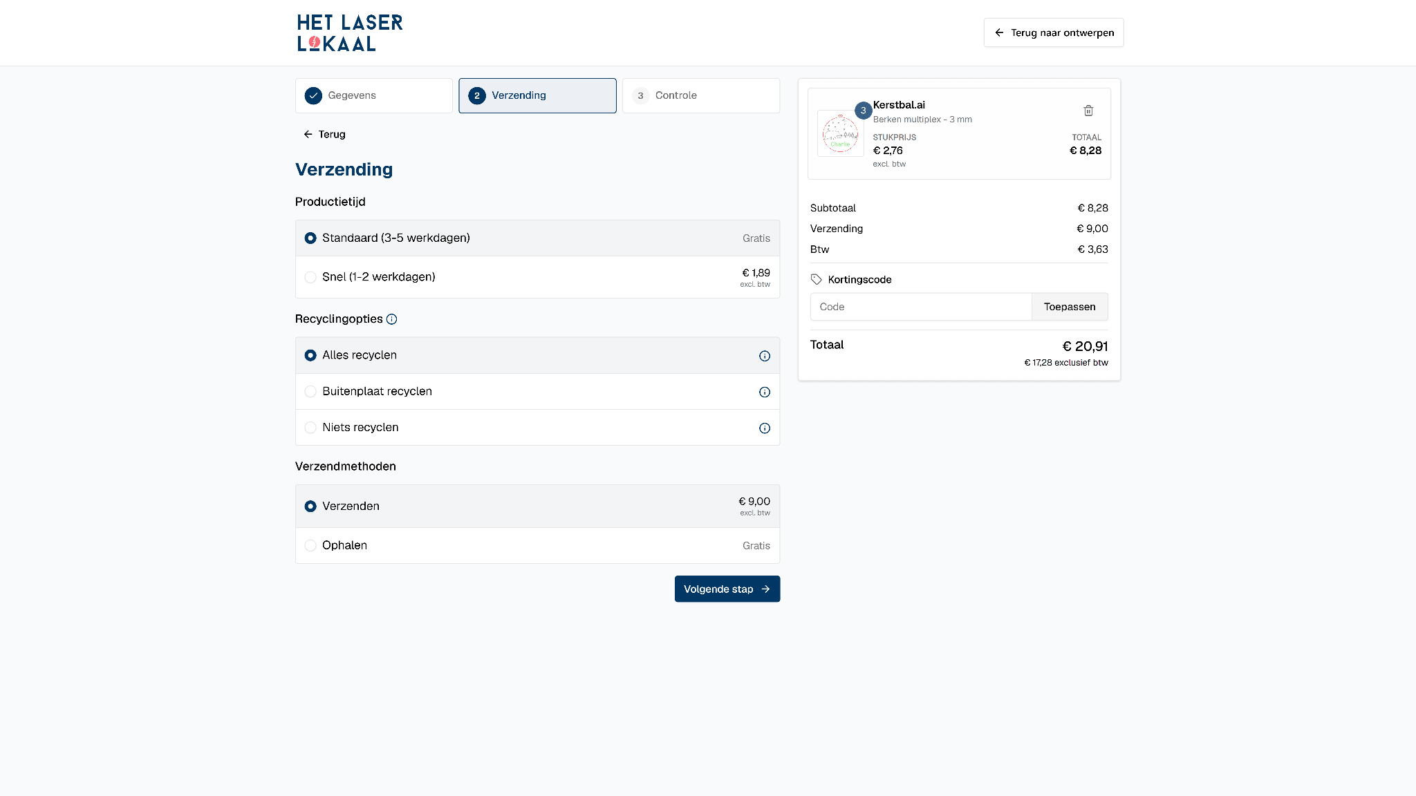 Checkout page with production, recycling, and shipping options