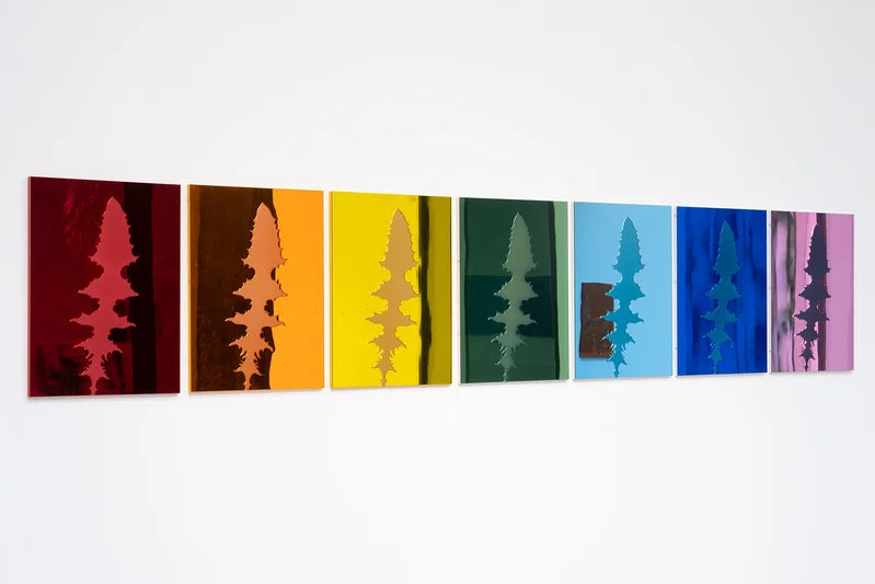 Zeven kunstwerken met boomvormen uit spiegelacrylaat in verschillende kleuren