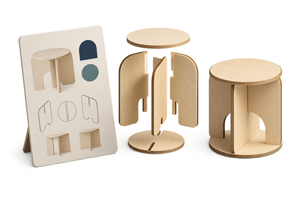 Reference image, loose laser-cut parts and the assembled product side-by-side