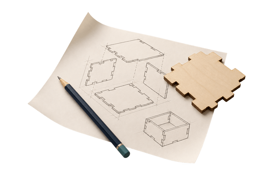 Sketch of a plate construction next to a fitting laser-cut test part